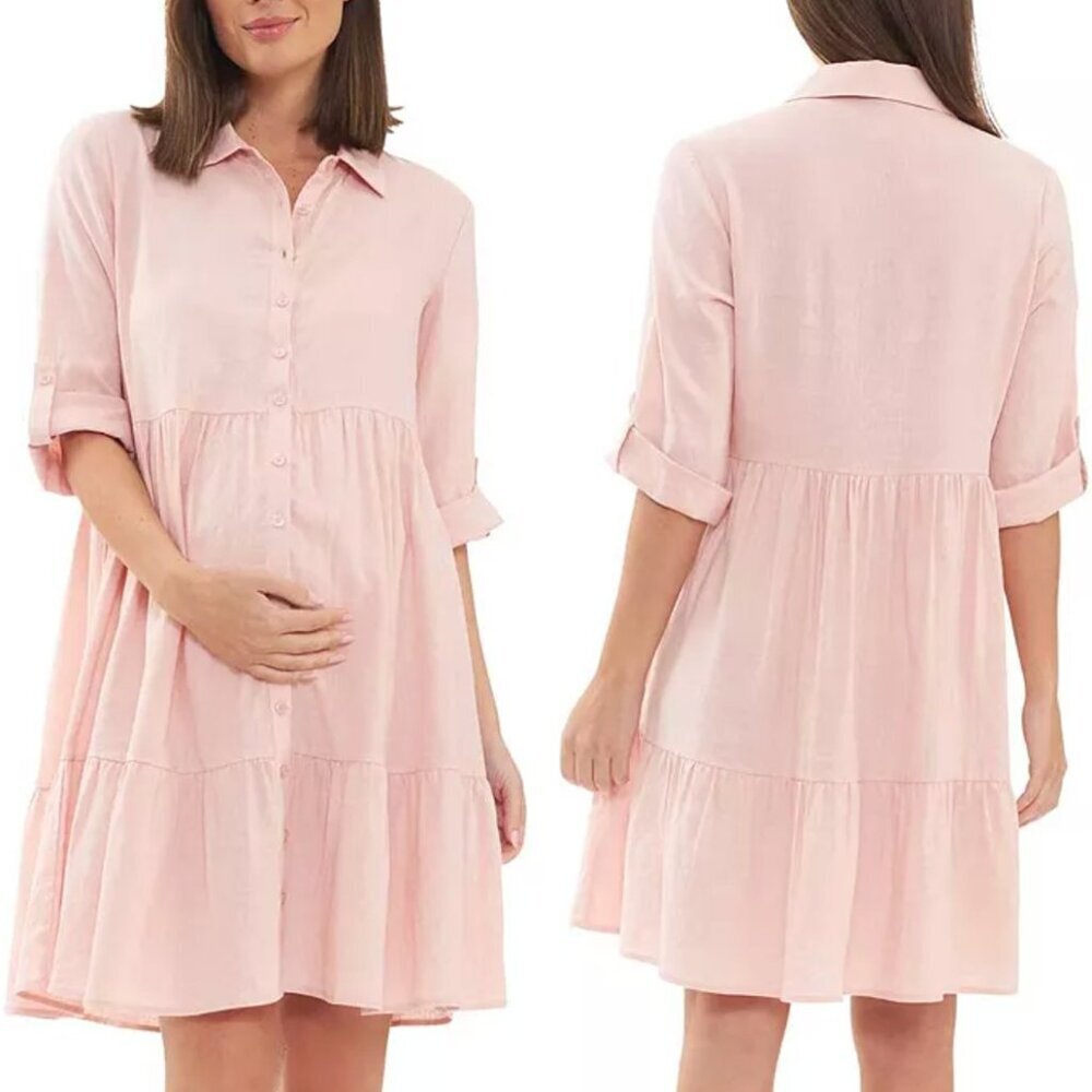 Button-Front Pink Tiered Shirt Dress